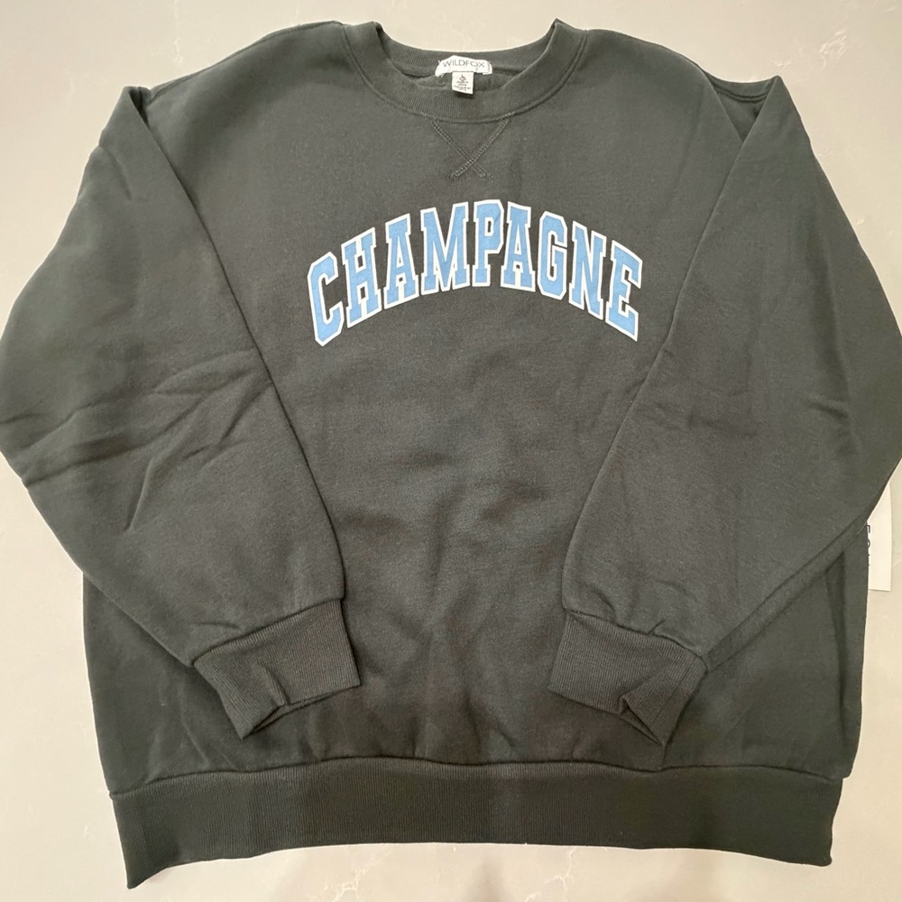 NWT Wildfox Black 'CHAMPAGNE' Crewneck Sweatshirt, Large